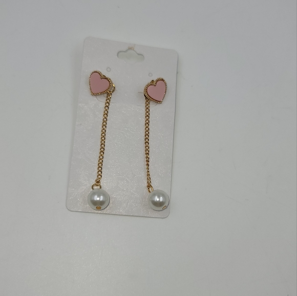 Pink Hearts and pearl dangling chain earrings with gold hardware - Picture 1 of 6